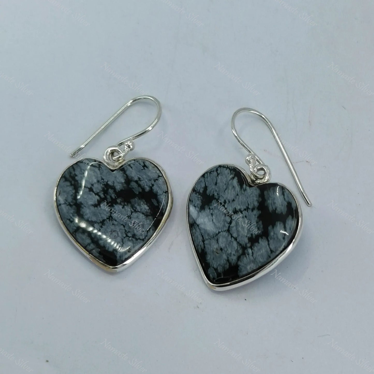 Snowflake Obsidian Earrings, 925 Sterling Silver Dangle Earrings, Natural Obsidian Gemstone Heart Shape Handmade Boho Jewelry, Gift For Her