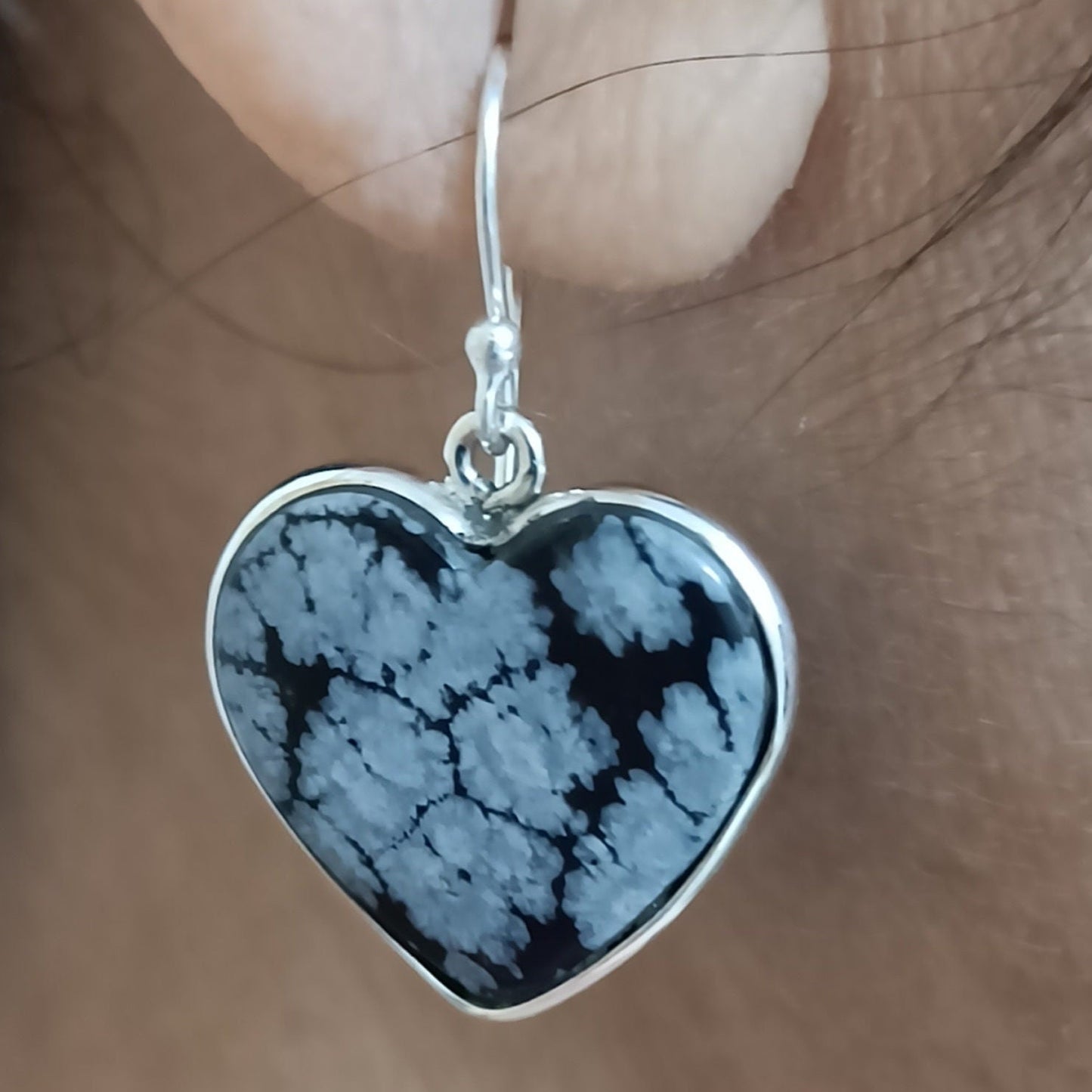 Snowflake Obsidian Earrings, 925 Sterling Silver Dangle Earrings, Natural Obsidian Gemstone Heart Shape Handmade Boho Jewelry, Gift For Her