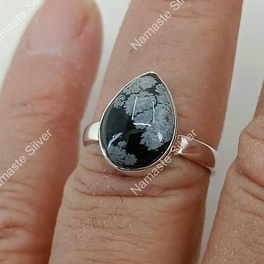 Snowflake Obsidian Ring, 925 Sterling Silver Promise Ring, Natural Black Gemstone Handmade Boho Jewelry, Gift For Her Birthday Anniversary