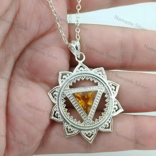 Solar Plexus Chakra Necklace, 925 Sterling Silver Handmade Manipura Chakra Pendant, Natural Citrine Gemstone Jewelry, Healing Gift for Her