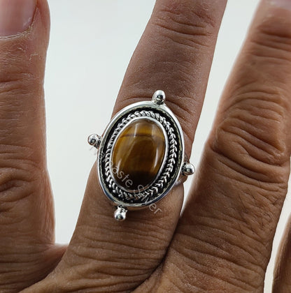 Tigers Eye Ring, 925 Sterling Silver Statement Promise Ring, Natural Tiger's Eye Oval Handmade Boho Jewelry, June Birthstone, Gift for Her