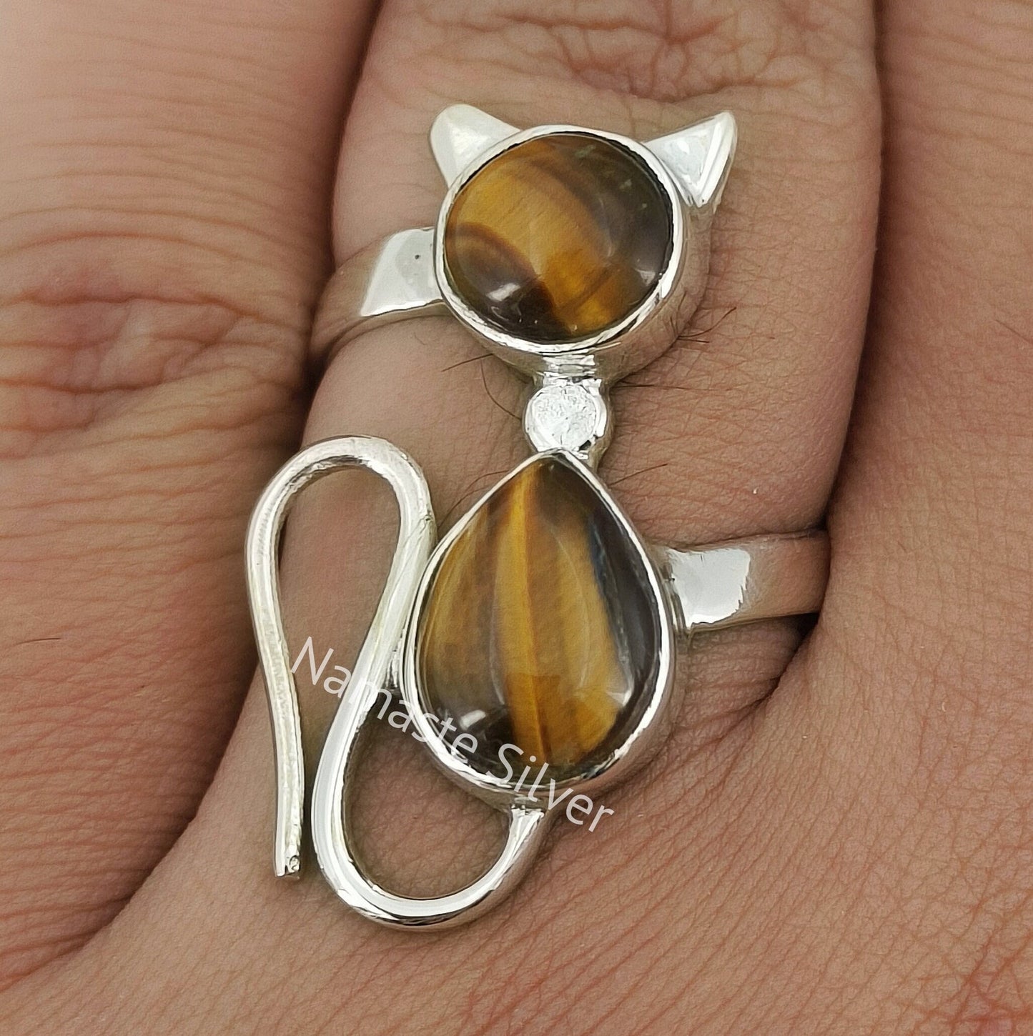 Tigers Eye Ring, 925 Sterling Silver Cat Ring, Natural Tiger's Eye Dual Gemstone Handmade Boho Kitty Jewelry, June Birthstone, Gift for her