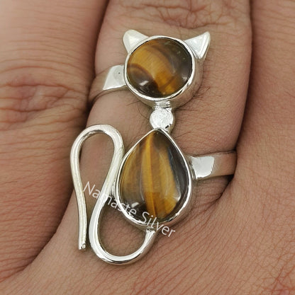 Tigers Eye Ring, 925 Sterling Silver Cat Ring, Natural Tiger's Eye Dual Gemstone Handmade Boho Kitty Jewelry, June Birthstone, Gift for her
