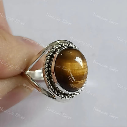 Tigers Eye Ring, 925 Sterling Silver Statement Promise Ring, Natural Tiger's Eye Oval Handmade Boho Jewelry, Unique Birthstone Gift for her