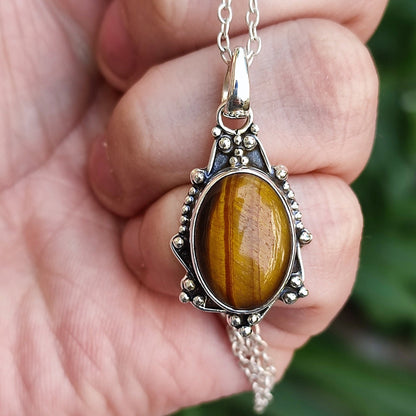 Tigers Eye Necklace, 925 Sterling Silver Pendant Chain, Natural Tiger's Eye Oval Gemstone Handmade Jewelry, Unique Birthstone Gift for Her