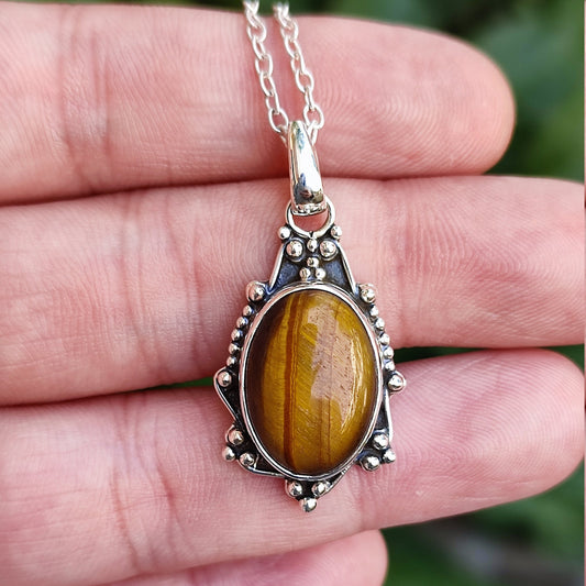 Tigers Eye Necklace, 925 Sterling Silver Pendant Chain, Natural Tiger's Eye Oval Gemstone Handmade Jewelry, Unique Birthstone Gift for Her
