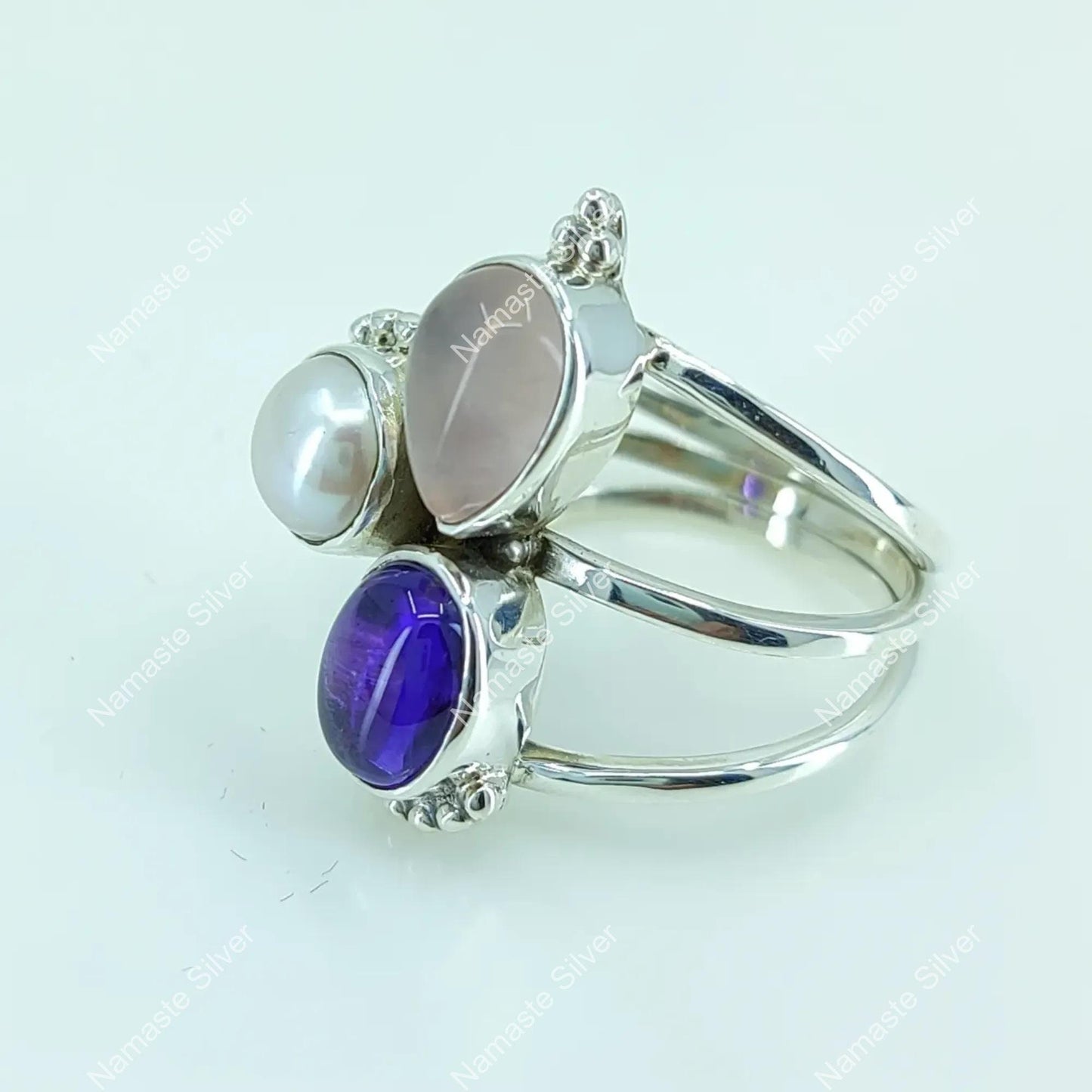 Triple Gemstone Ring, 925 Sterling Silver Promise Ring, Natural Amethyst, Rose Quartz, Pearl Handmade Boho Jewelry, Birthstone Gift For Her