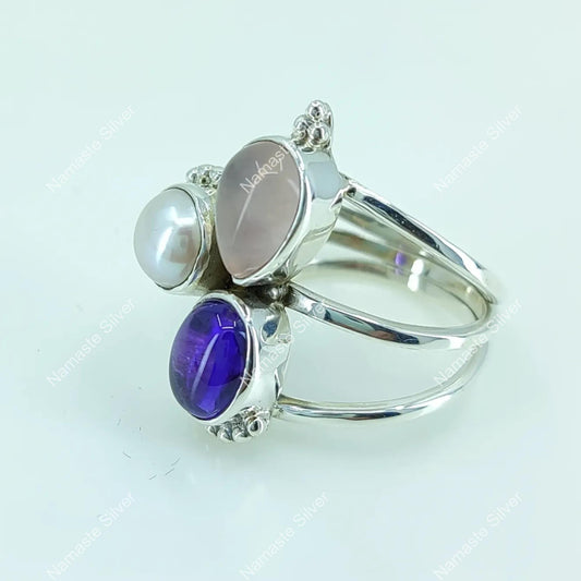 Triple Gemstone Ring, 925 Sterling Silver Promise Ring, Natural Amethyst, Rose Quartz, Pearl Handmade Boho Jewelry, Birthstone Gift For Her