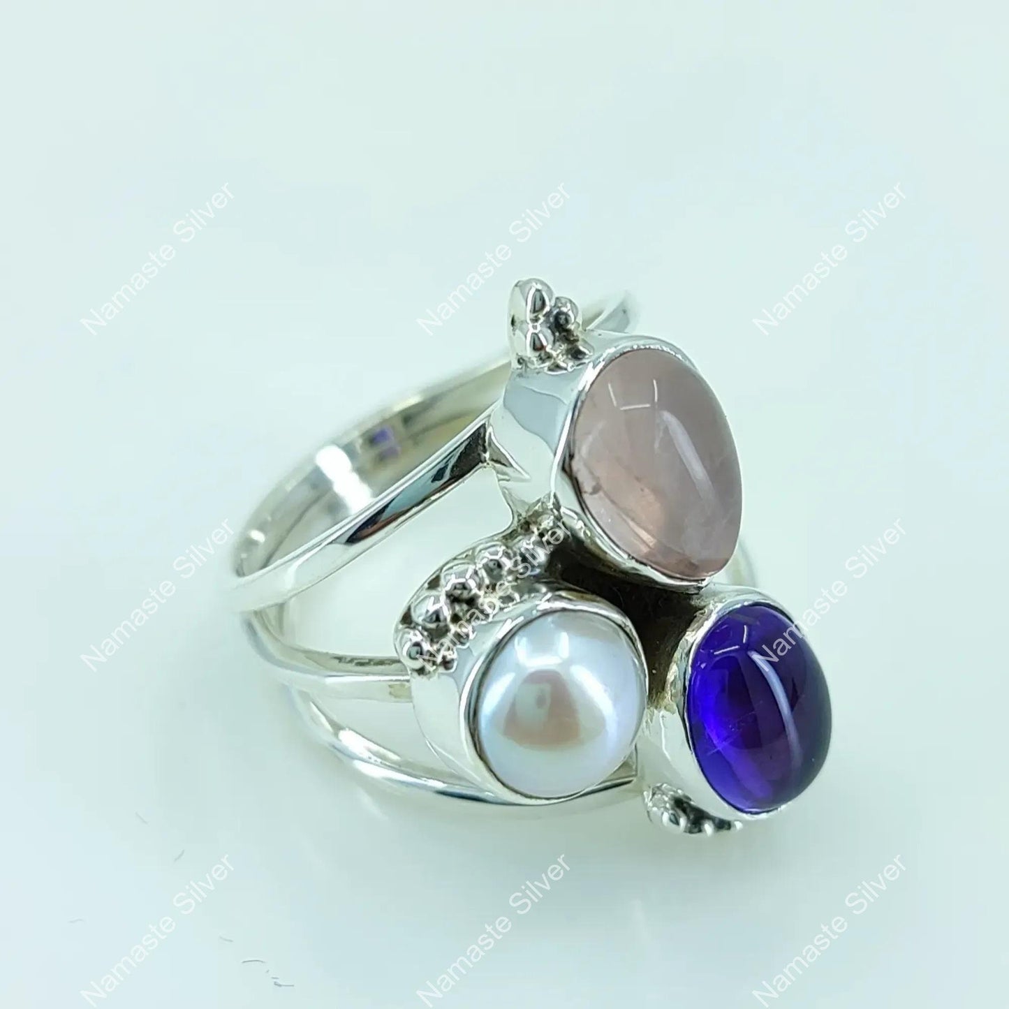 Triple Gemstone Ring, 925 Sterling Silver Promise Ring, Natural Amethyst, Rose Quartz, Pearl Handmade Boho Jewelry, Birthstone Gift For Her