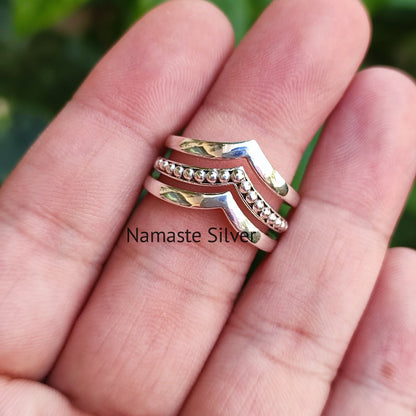 Triple Layer Stacking Ring, 925 Sterling Silver Handmade Statement Promise Ring, Trinity Plain Silver Ring Band, Unique Design Jewelry