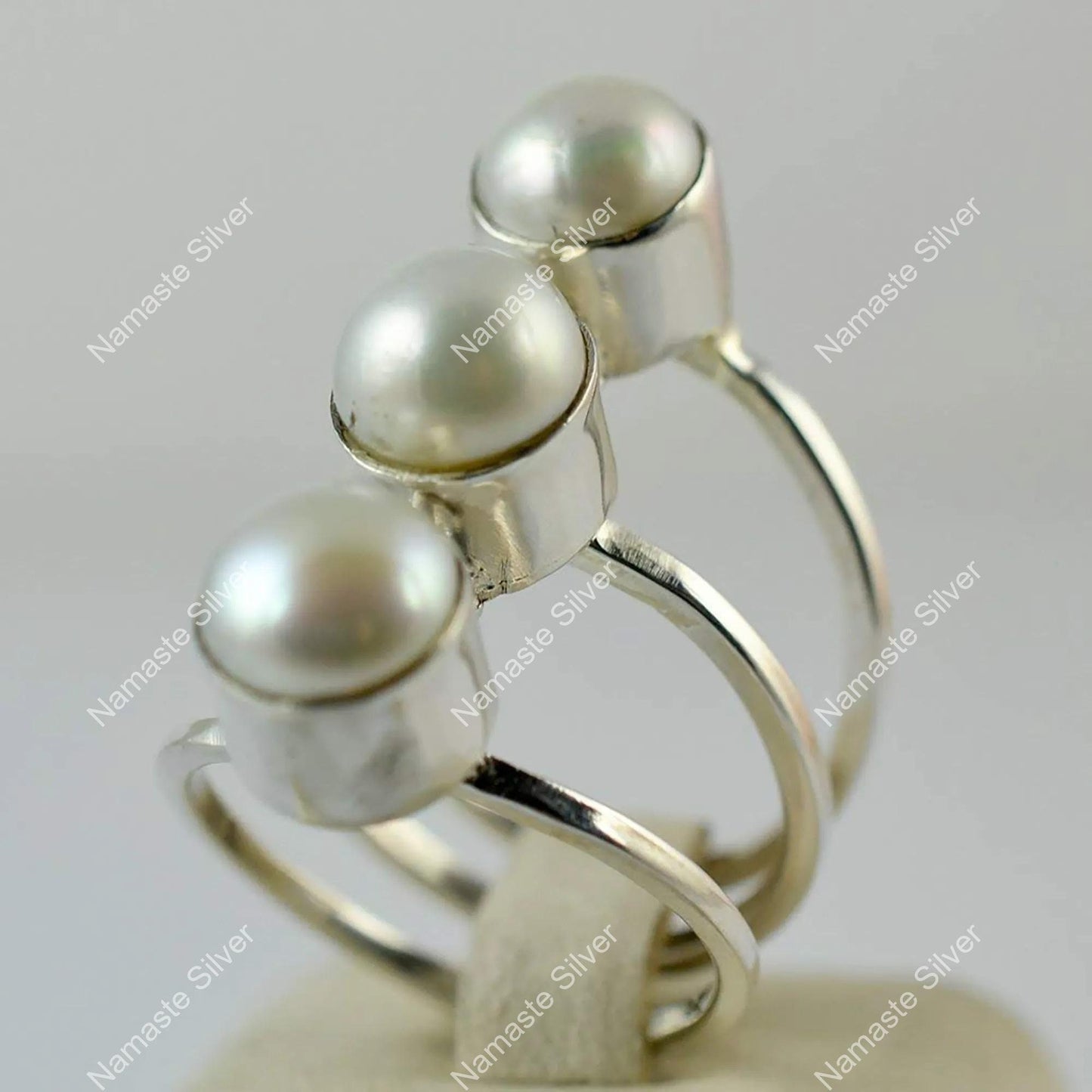 Freshwater Triple Pearl Ring, 925 Sterling Silver Statement Promise Ring, Pearl Handmade Boho Jewelry, June Birthstone, Unique Gift For Her