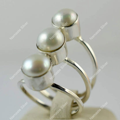 Freshwater Triple Pearl Ring, 925 Sterling Silver Statement Promise Ring, Pearl Handmade Boho Jewelry, June Birthstone, Unique Gift For Her