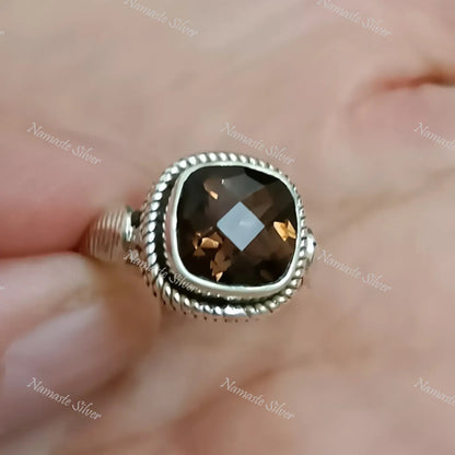 Smoky Quartz Ring, 925 Sterling Silver Statement Promise Ring, Natural Smoky Quartz Cushion Gemstone Handmade Boho Jewelry, Gift For Her/Him