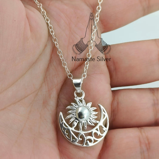 Sun Moon Necklace, 925 Sterling Silver Handmade Pendant Jewelry, Celestial Jewelry, Sun Moon Locket with Chain, Gift for her Birthday