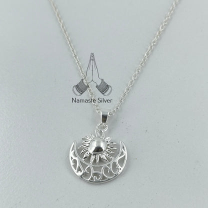 Sun Moon Necklace, 925 Sterling Silver Handmade Pendant Jewelry, Celestial Jewelry, Sun Moon Locket with Chain, Gift for her Birthday