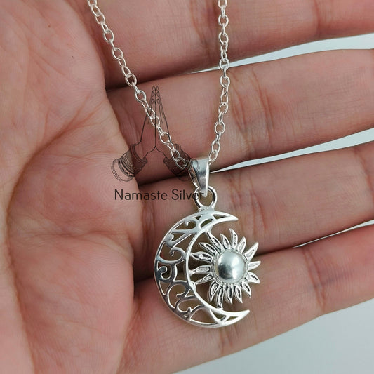 Sun Moon Necklace, 925 Sterling Silver Pendant Chain, Celestial Jewelry, Sun Moon Locket, Boho Gift for her Birthday Anniversary