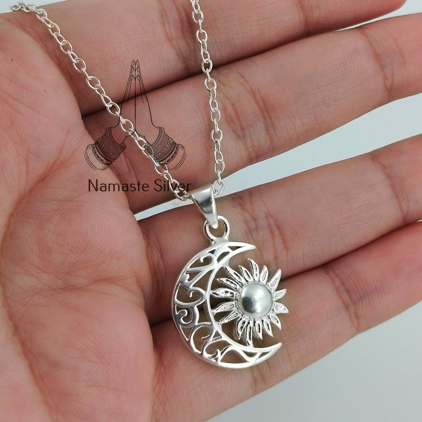 Sun Moon Necklace, 925 Sterling Silver Pendant Chain, Celestial Jewelry, Sun Moon Locket, Boho Gift for her Birthday Anniversary