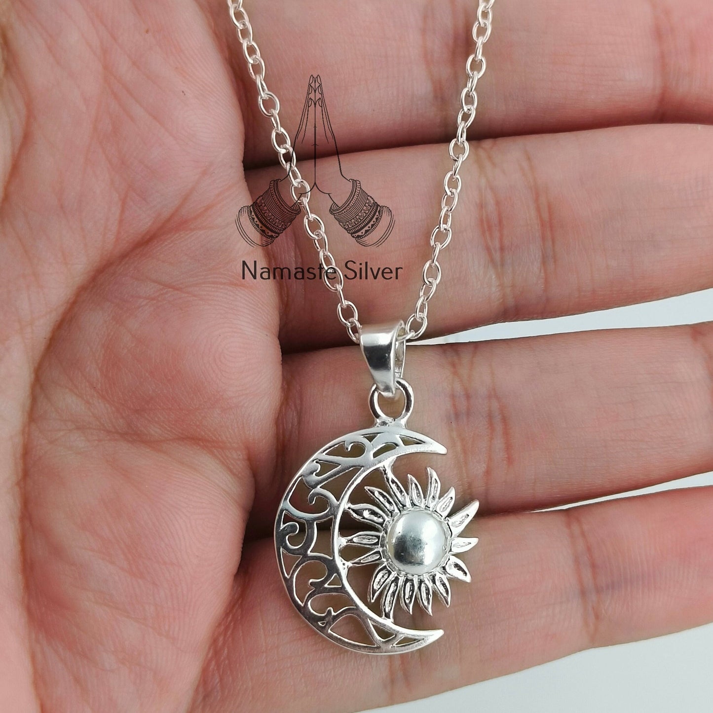 Sun Moon Necklace, 925 Sterling Silver Pendant Chain, Celestial Jewelry, Sun Moon Locket, Boho Gift for her Birthday Anniversary