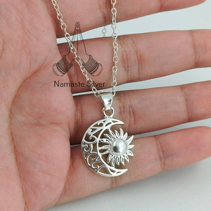 Sun Moon Necklace, 925 Sterling Silver Pendant Chain, Celestial Jewelry, Sun Moon Locket, Boho Gift for her Birthday Anniversary