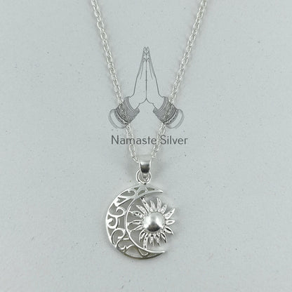 Sun Moon Necklace, 925 Sterling Silver Pendant Chain, Celestial Jewelry, Sun Moon Locket, Boho Gift for her Birthday Anniversary