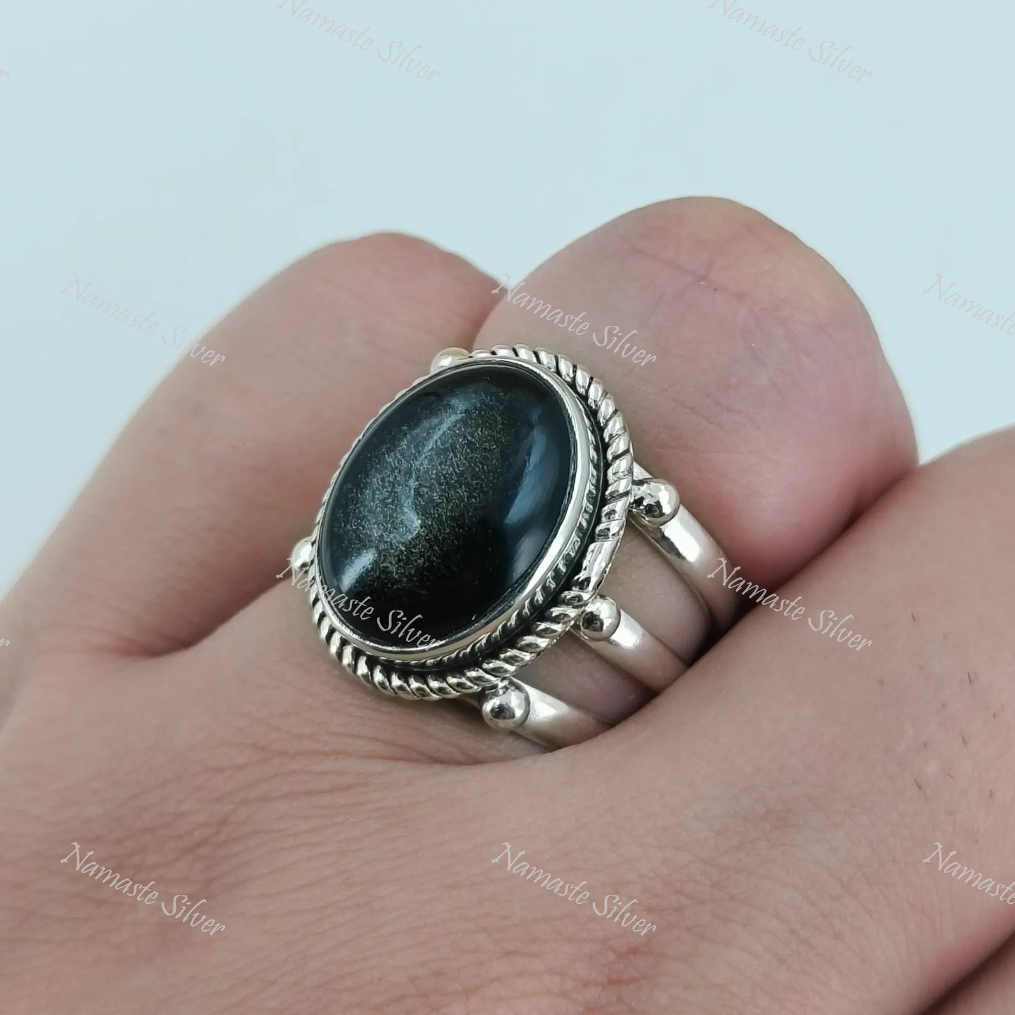Gold Sheen Obsidian Ring, 925 Sterling Silver Statement Promise Ring, Natural Black Gold Sheen Obsidian Oval Gemstone Handmade Jewelry Gift