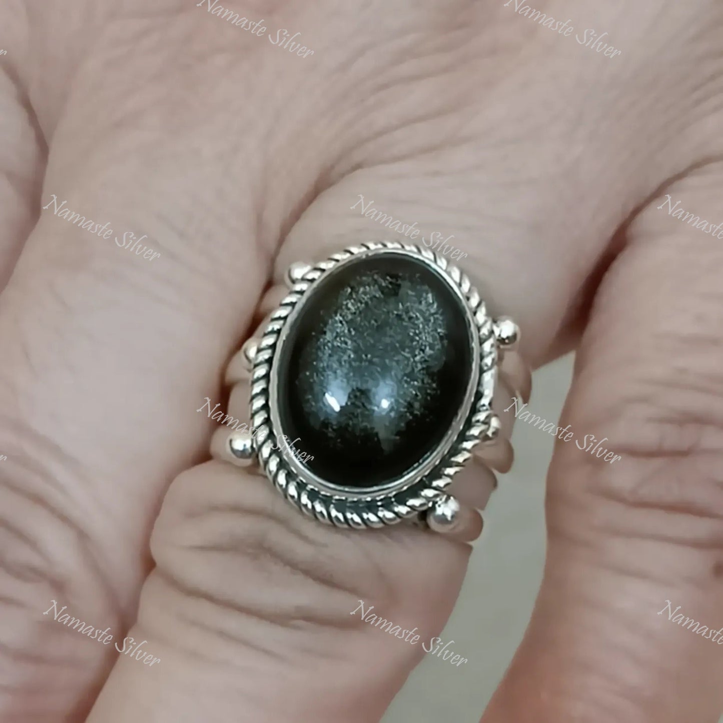Gold Sheen Obsidian Ring, 925 Sterling Silver Statement Promise Ring, Natural Black Gold Sheen Obsidian Oval Gemstone Handmade Jewelry Gift