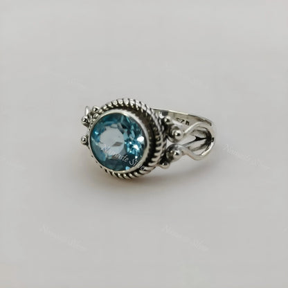 Blue Topaz Ring, 925 Sterling Silver Statement Promise Ring, Natural Topaz Round Gemstone Handmade Boho Jewelry, December Birthstone Gift