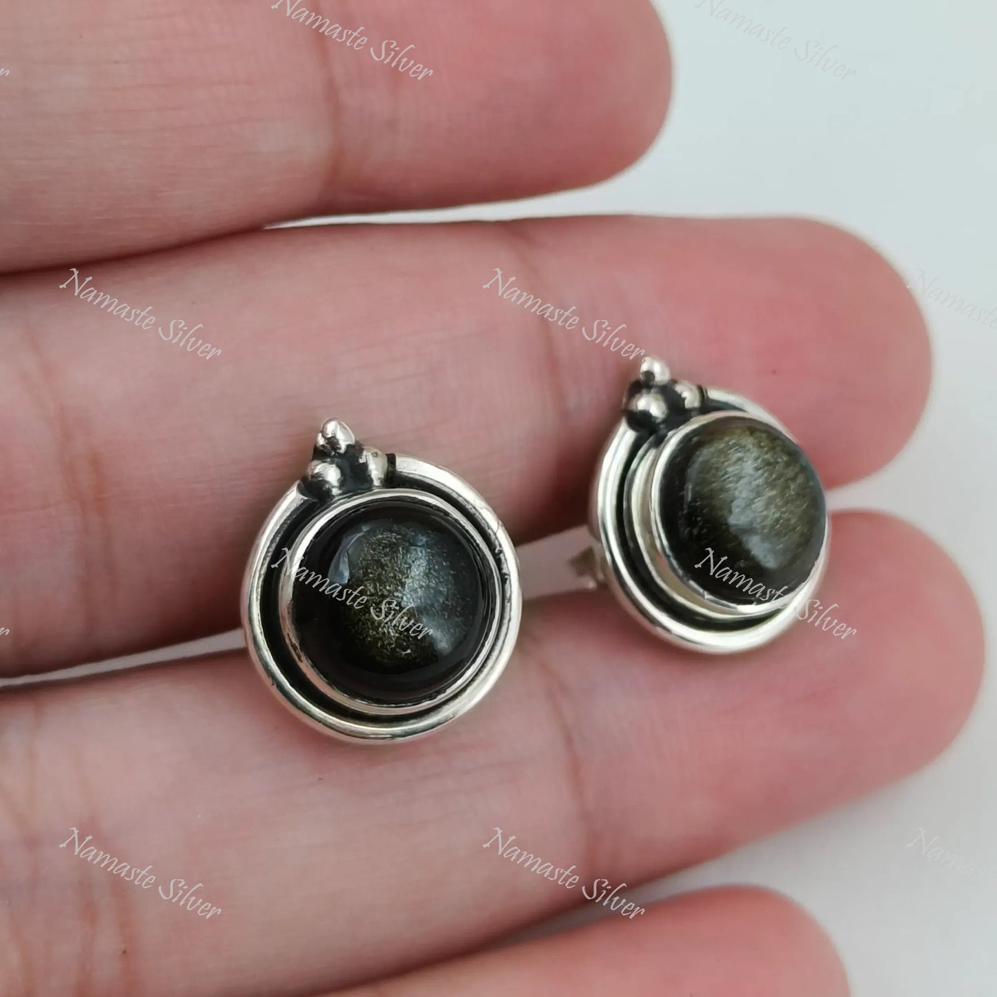 Gold Sheen Obsidian Stud Earrings, 925 Sterling Silver Stud Posts, Natural Obsidian Round Gemstone Handmade Jewelry, Birthstone Gift for Her