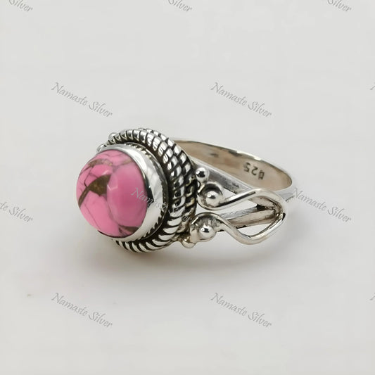 Pink Turquoise Ring, 925 Sterling Silver Promise Ring, Natural Pink Copper Turquoise Round Gemstone Handmade Jewelry, Unique Gift for Her