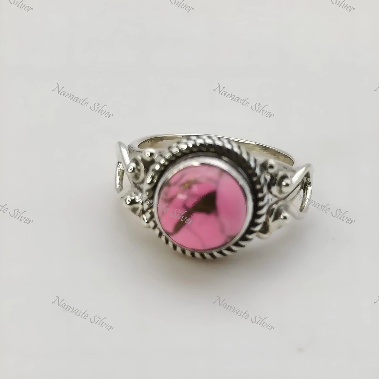 Pink Turquoise Ring, 925 Sterling Silver Promise Ring, Natural Pink Copper Turquoise Round Gemstone Handmade Jewelry, Unique Gift for Her
