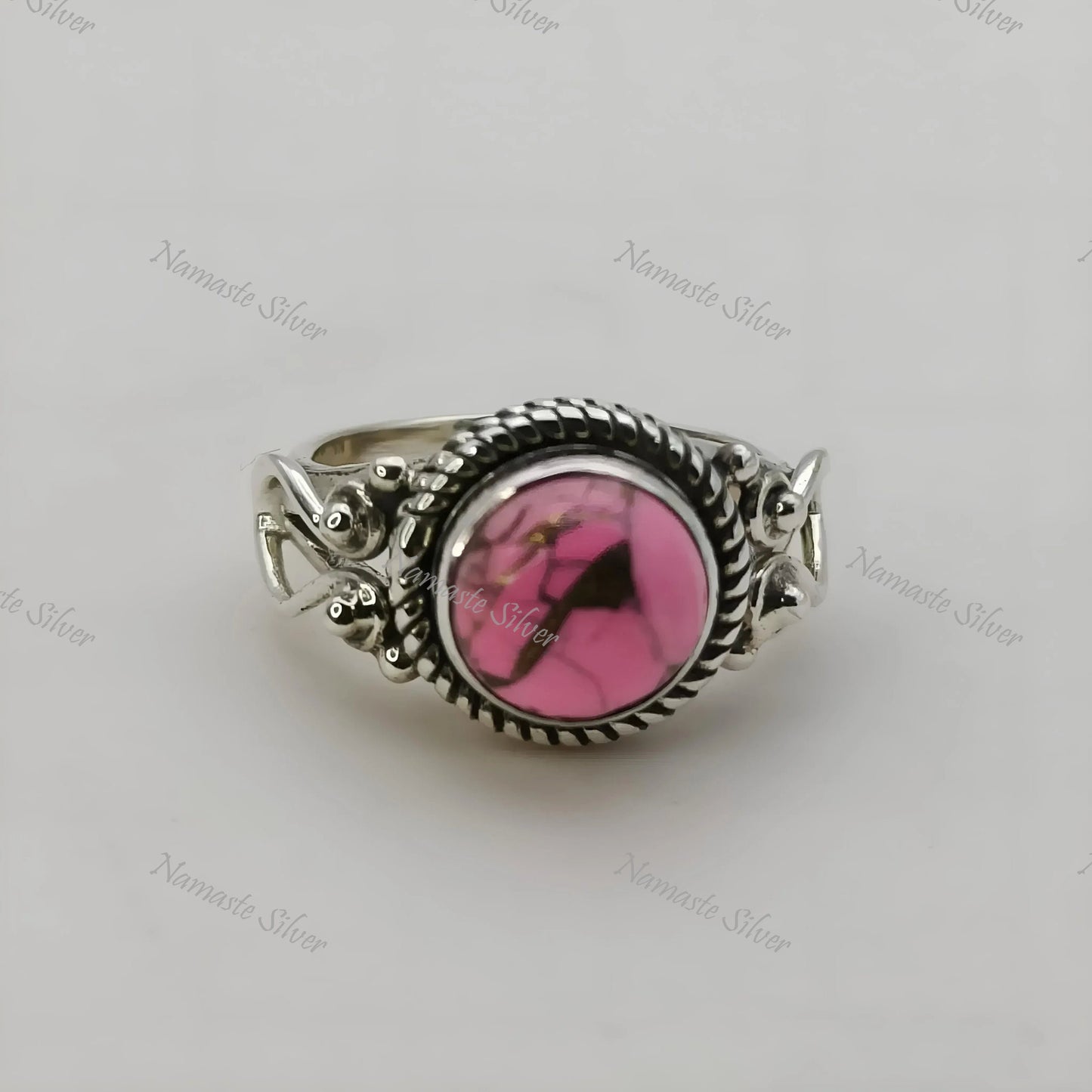 Pink Turquoise Ring, 925 Sterling Silver Promise Ring, Natural Pink Copper Turquoise Round Gemstone Handmade Jewelry, Unique Gift for Her