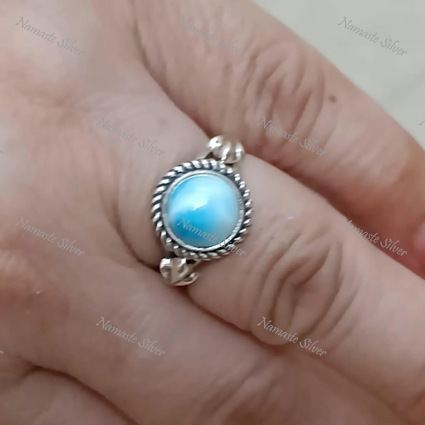 Larimar Ring, 925 Sterling Silver Larimar Ring for Women, Natural Larimar Round Ring, Blue Gemstone Handmade Boho Jewelry, Gift for Her