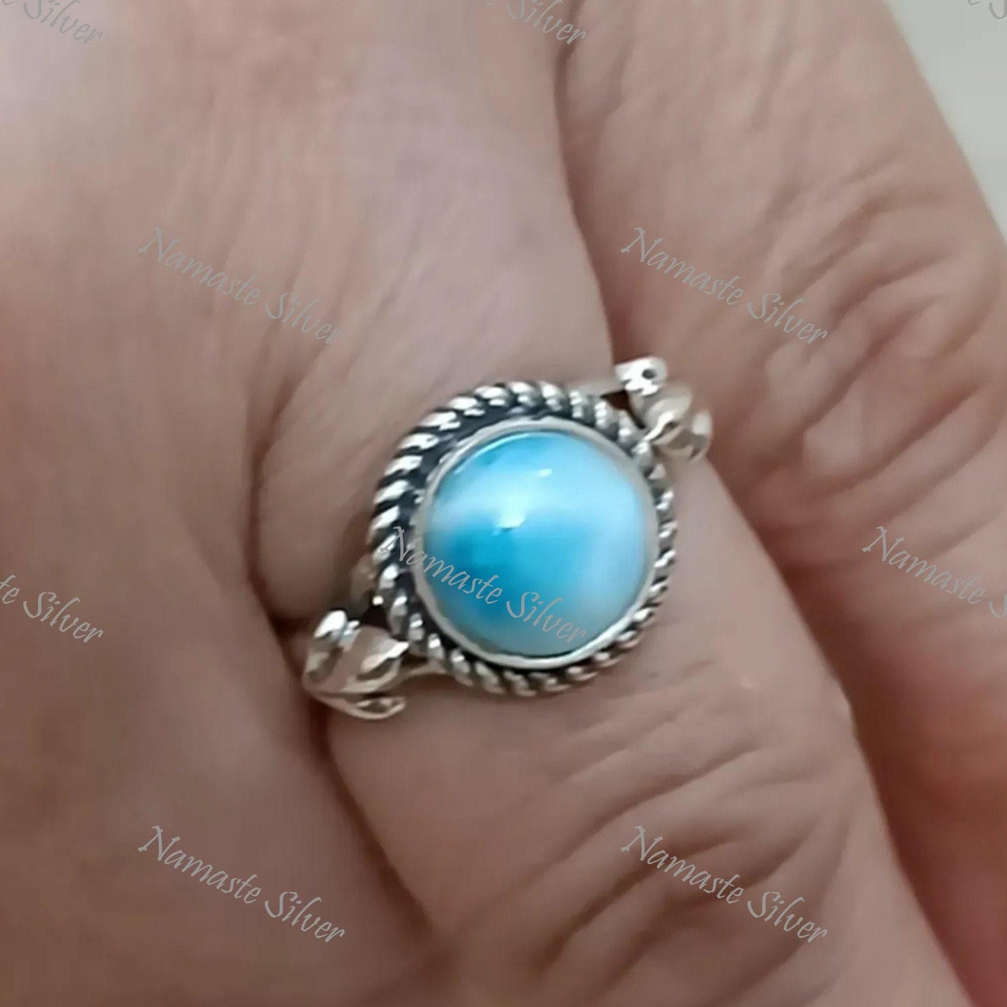 Larimar Ring, 925 Sterling Silver Larimar Ring for Women, Natural Larimar Round Ring, Blue Gemstone Handmade Boho Jewelry, Gift for Her