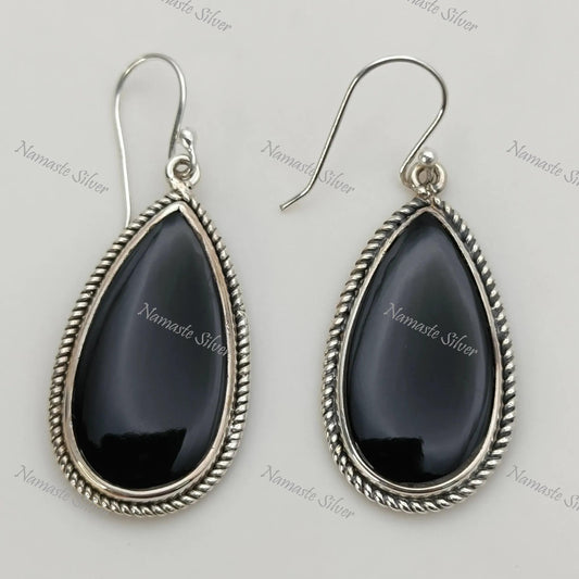 Black Onyx Earrings, Sterling Silver Dangle Drop Earrings, Natural Black Gemstone Pear Shape Handmade Jewelry, July Birthstone, Gift for Her