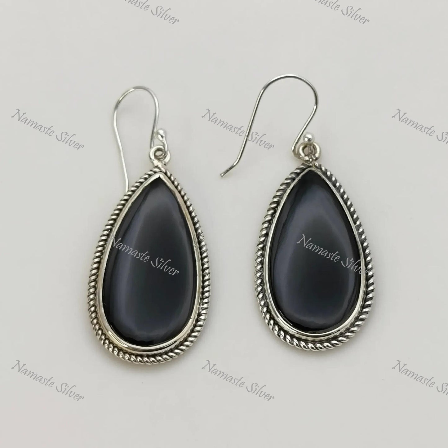 Black Onyx Earrings, Sterling Silver Dangle Drop Earrings, Natural Black Gemstone Pear Shape Handmade Jewelry, July Birthstone, Gift for Her