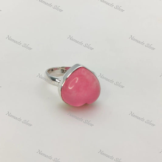 Pink Jade Heart Ring, 925 Sterling Silver Statement Promise Ring, Pink Jade Heart Shape Gemstone Handmade Proposal Jewelry, Gift for her
