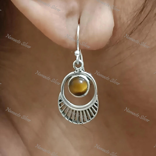 Tigers Eye Earrings, 925 Sterling Silver Dangle Earrings, Natural Tiger's Eye Round Gemstone Handmade Jewelry, June Birthstone, Gift for Her