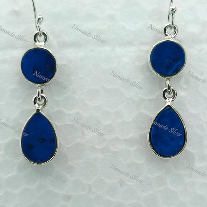 Lapis Lazuli Silver Earrings, 925 Sterling Silver Handmade Dangle Drop Earrings, Natural Lapis Lazuli Dual Gemstone Jewelry, Gift for her