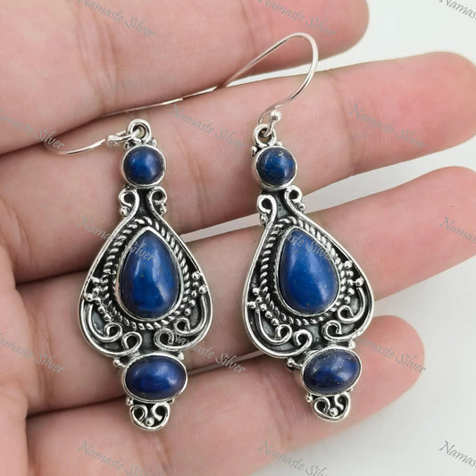 Lapis Lazuli Earrings, 925 Sterling Silver Dangle Drop Earrings, Natural Lapis Lazuli Gemstone Handmade Boho Jewelry, Elegant Gift for her