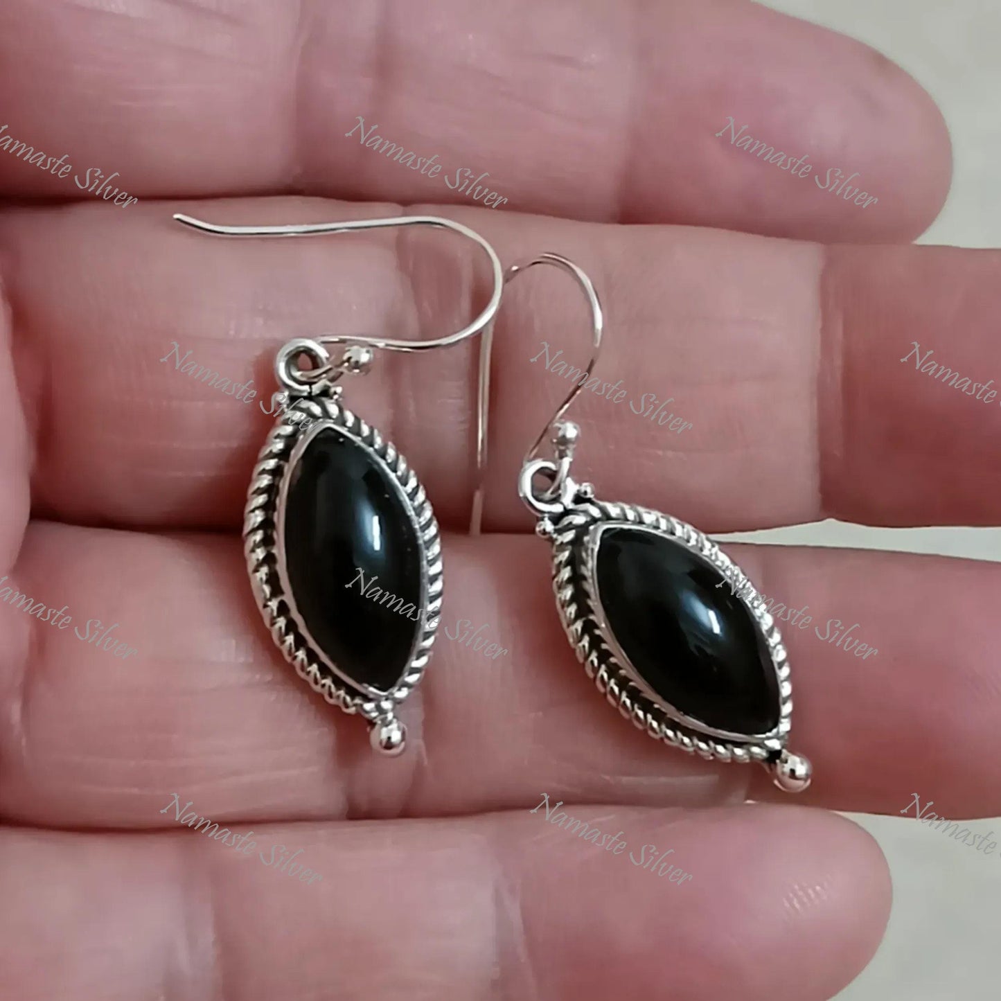 Black Onyx Silver Earrings, 925 Sterling Silver Dangle Earrings, Natural Black Onyx Marquise Handmade Jewelry, Gift For Her, July Birthstone