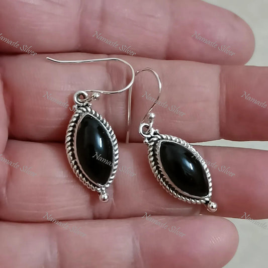 Black Onyx Silver Earrings, 925 Sterling Silver Dangle Earrings, Natural Black Onyx Marquise Handmade Jewelry, Gift For Her, July Birthstone