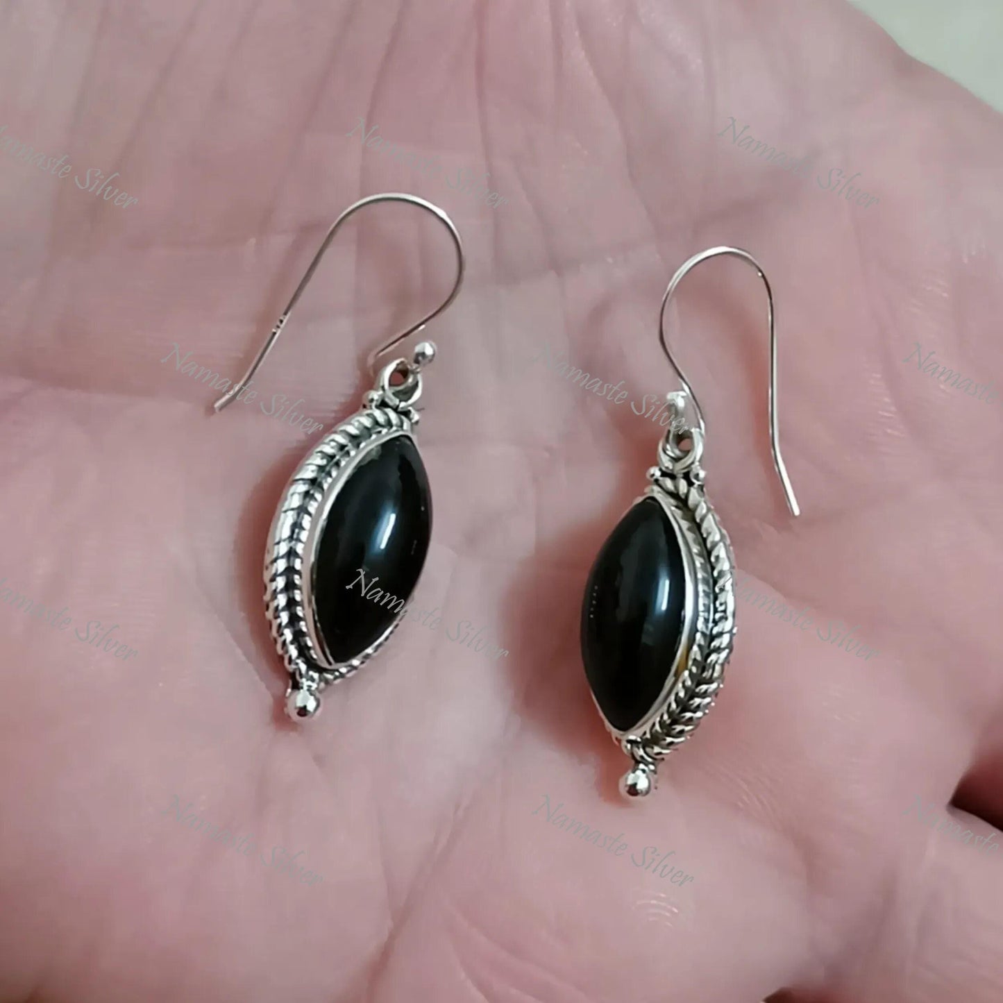 Black Onyx Silver Earrings, 925 Sterling Silver Dangle Earrings, Natural Black Onyx Marquise Handmade Jewelry, Gift For Her, July Birthstone