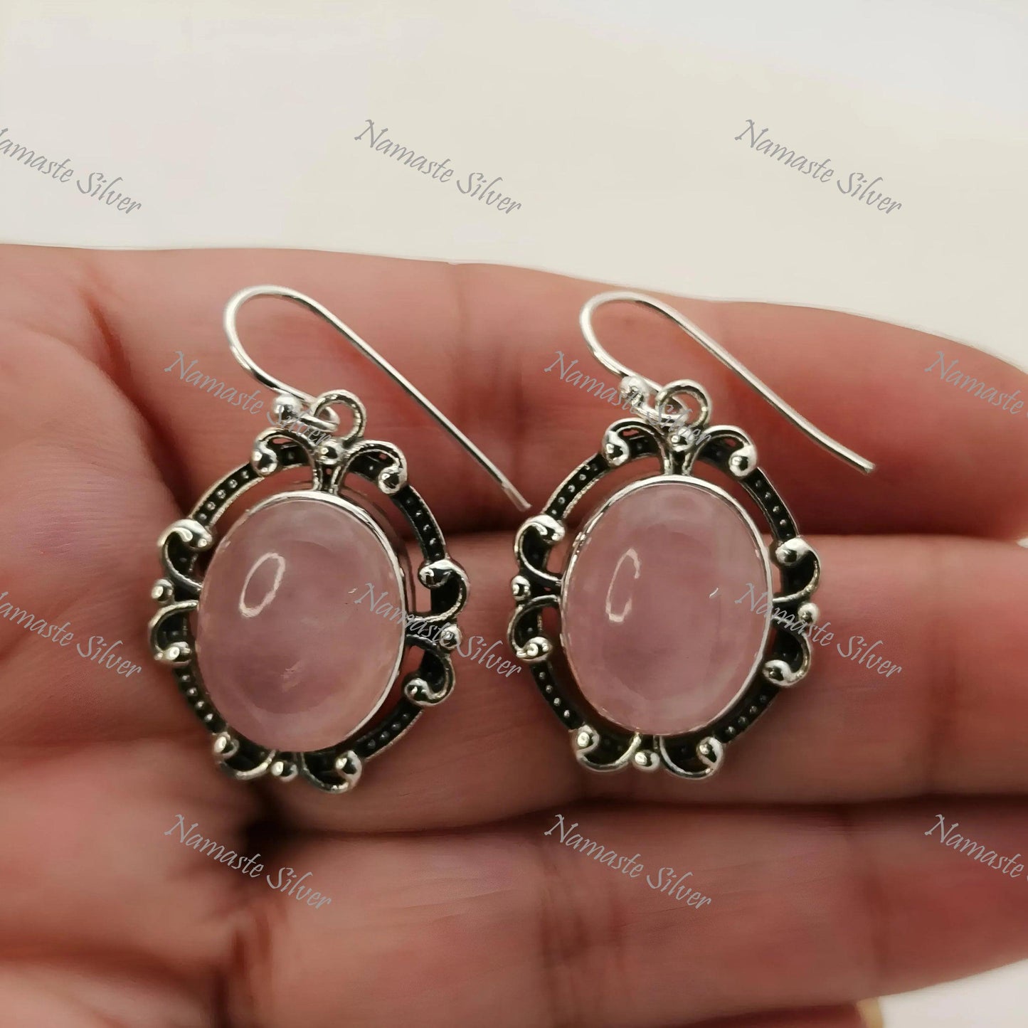 Rose Quartz Earrings, 925 Sterling Silver Dangle Drop Earrings, Natural Rose Quartz Oval Handmade Jewelry, Gift For Her, January Birthstone
