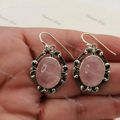 Rose Quartz Earrings, 925 Sterling Silver Dangle Drop Earrings, Natural Rose Quartz Oval Handmade Jewelry, Gift For Her, January Birthstone