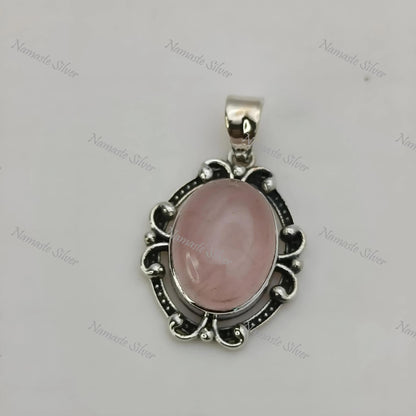 Rose Quartz Pendant, 925 Sterling Silver Locket, Natural Pink Quartz Oval Gemstone Handmade Boho Jewelry, January Birthstone, Gift For Her