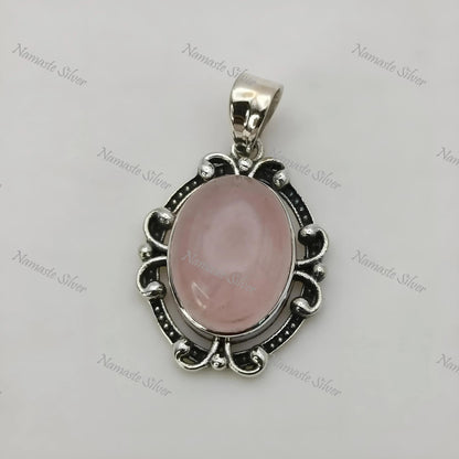Rose Quartz Pendant, 925 Sterling Silver Locket, Natural Pink Quartz Oval Gemstone Handmade Boho Jewelry, January Birthstone, Gift For Her
