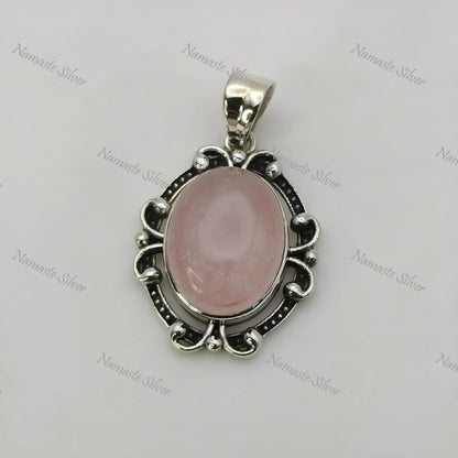 Rose Quartz Pendant, 925 Sterling Silver Locket, Natural Pink Quartz Oval Gemstone Handmade Boho Jewelry, January Birthstone, Gift For Her