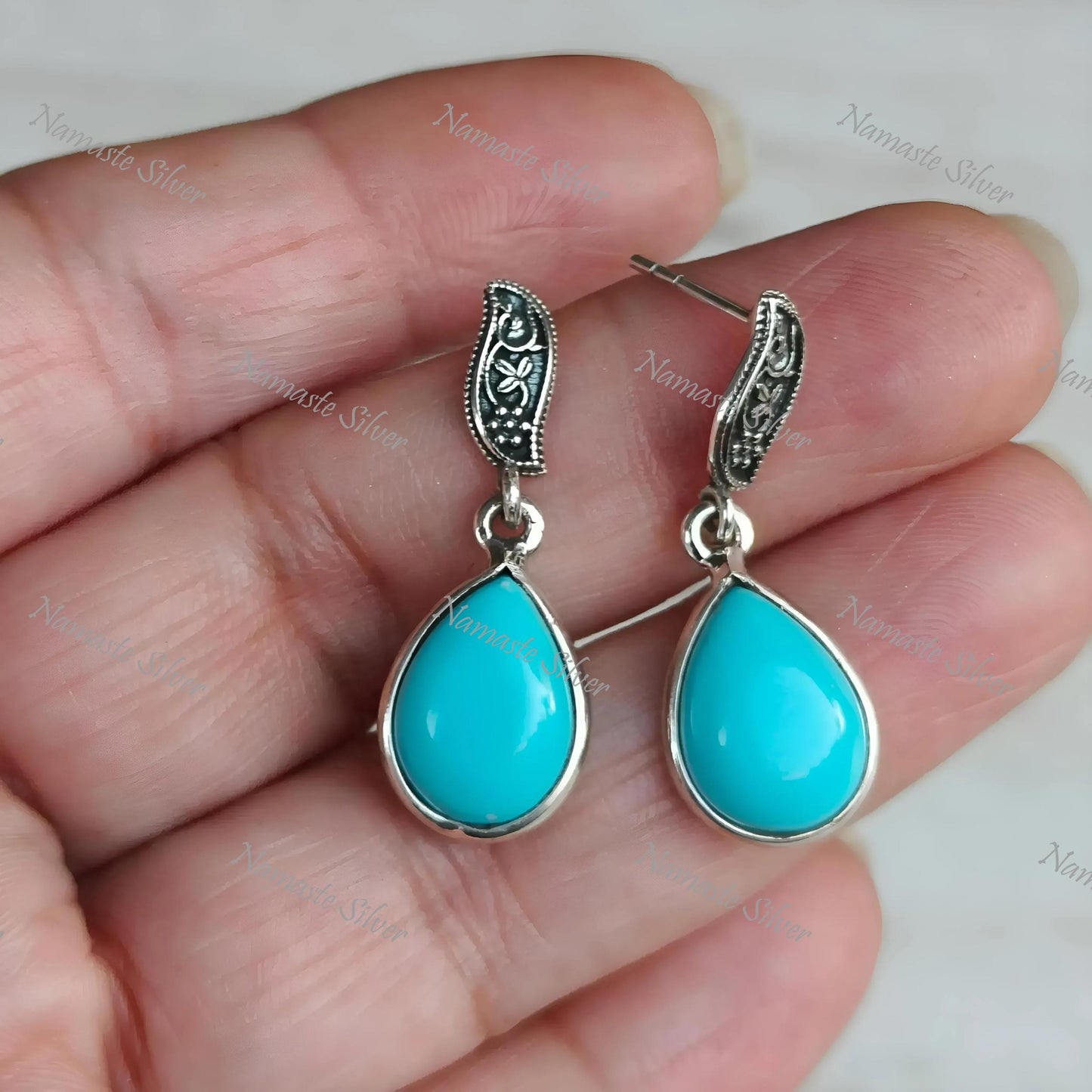 Turquoise Earrings, Sterling Silver Dangle Earrings, Sleeping Beauty Blue Turquoise Pear Handmade Jewelry, December Birthstone, Gift for Her