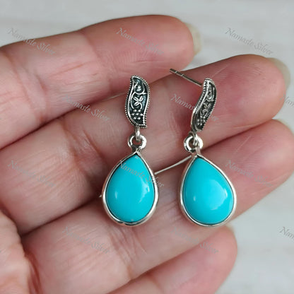 Turquoise Earrings, Sterling Silver Dangle Earrings, Sleeping Beauty Blue Turquoise Pear Handmade Jewelry, December Birthstone, Gift for Her