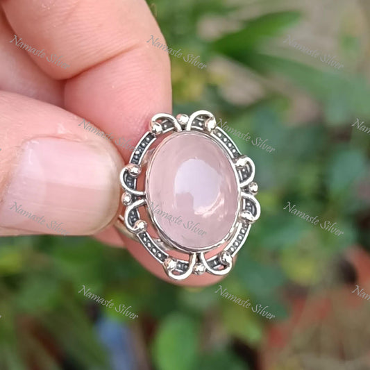Rose Quartz Ring, 925 Sterling Silver Statement Promise Ring, Natural Pink Gemstone Oval Boho Jewelry, January Birthstone, Gift for her